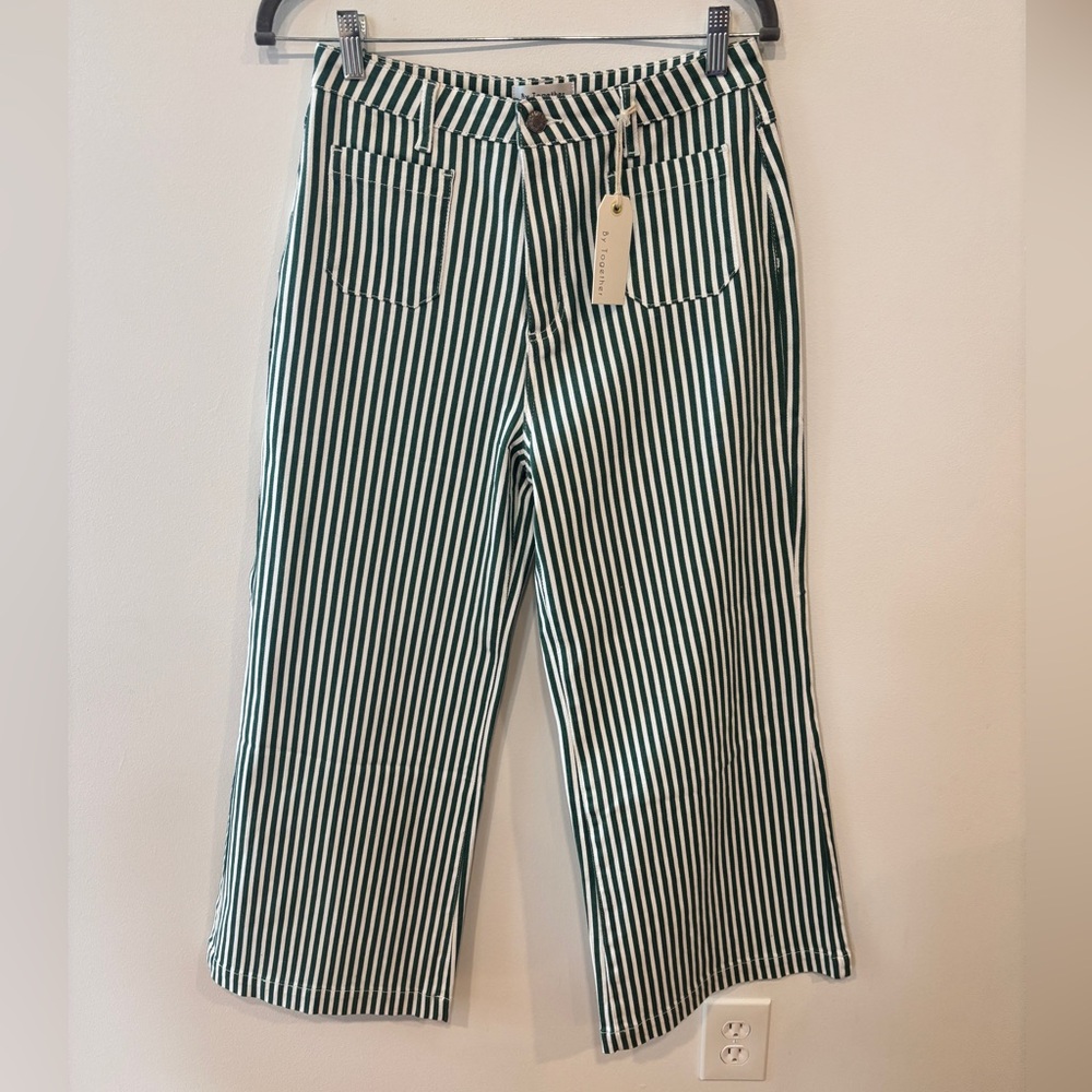 NWT By Together Women’s Large Isla Striped Wide-Leg Jeans - Green & White